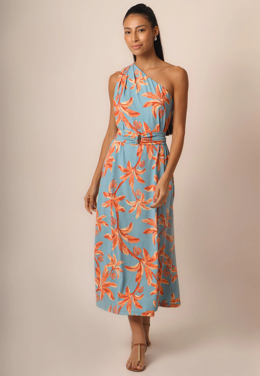 Vestido Fluxy Ombro Único com Cinto Ajustável - Tropical Azure