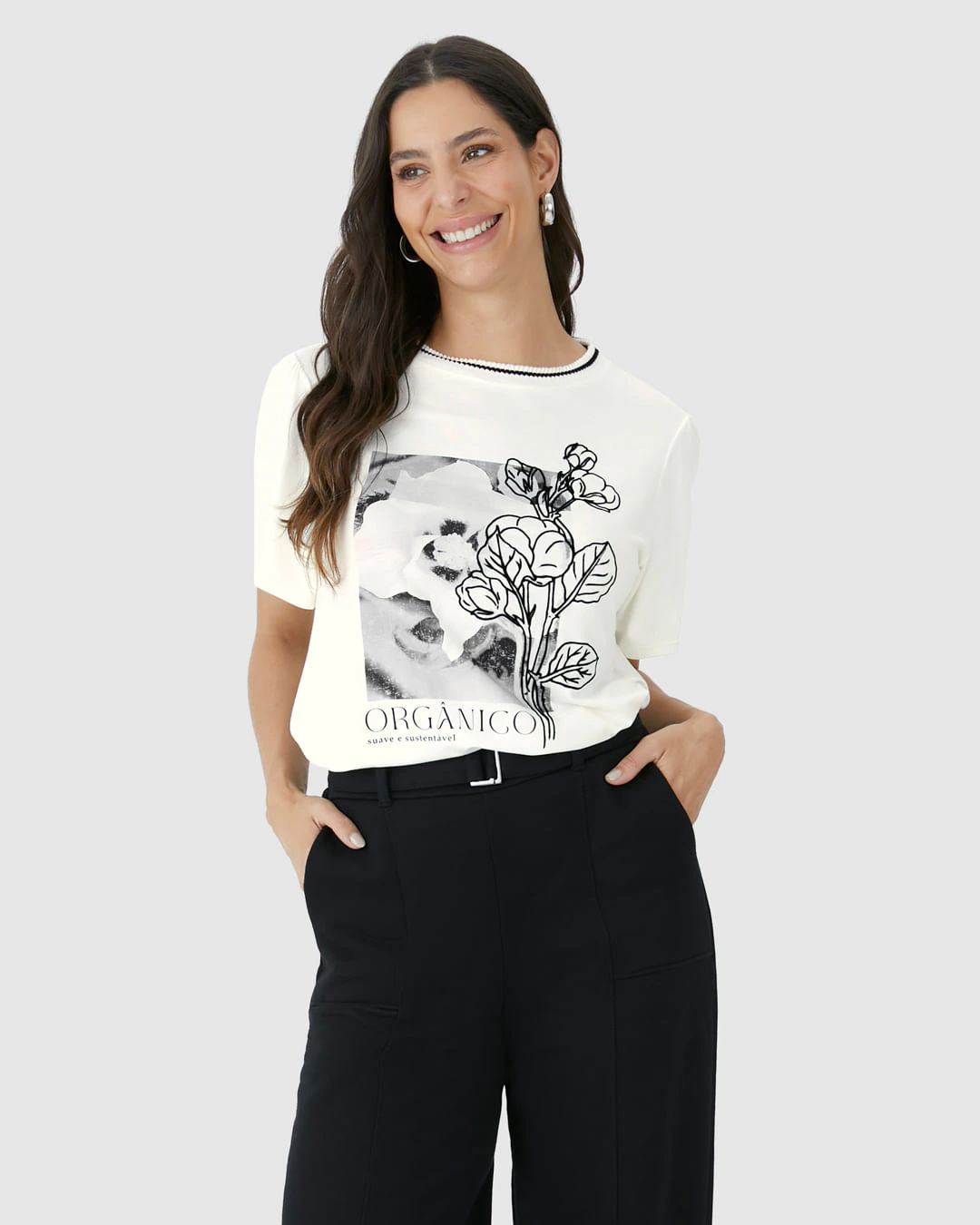 Camiseta Feminina Gola Retilínea Estampa Orgânico Em Viscose Stretch