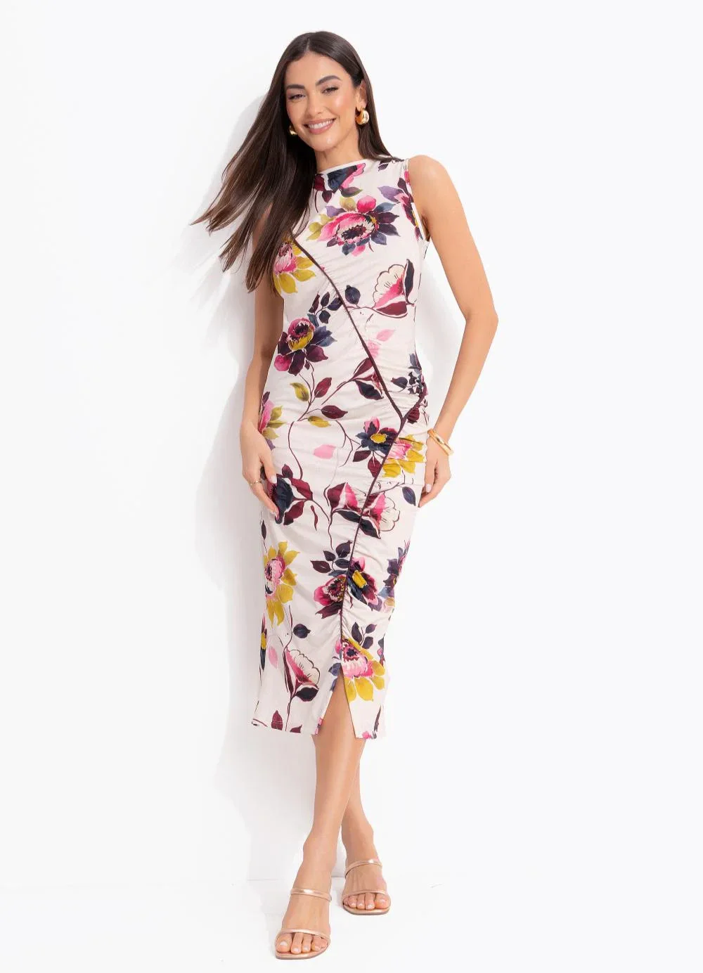 Quintess - Vestido Floral Bordô em Malha Fria