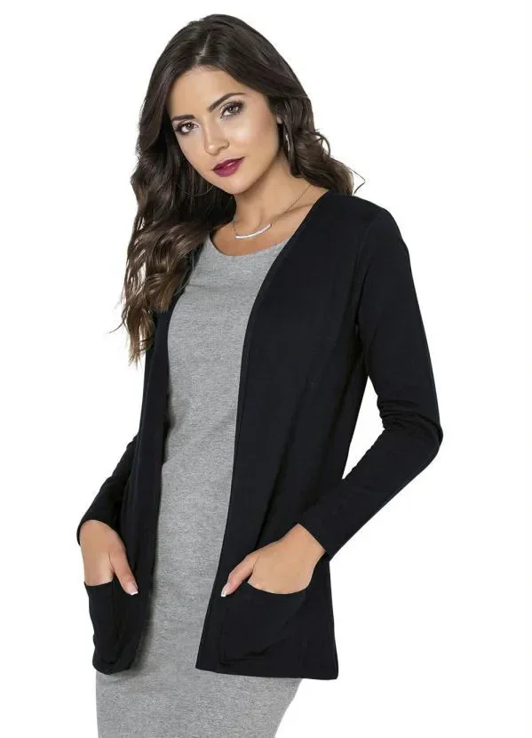 Moda Pop - Casaco em Moletinho Manga Longa Preto