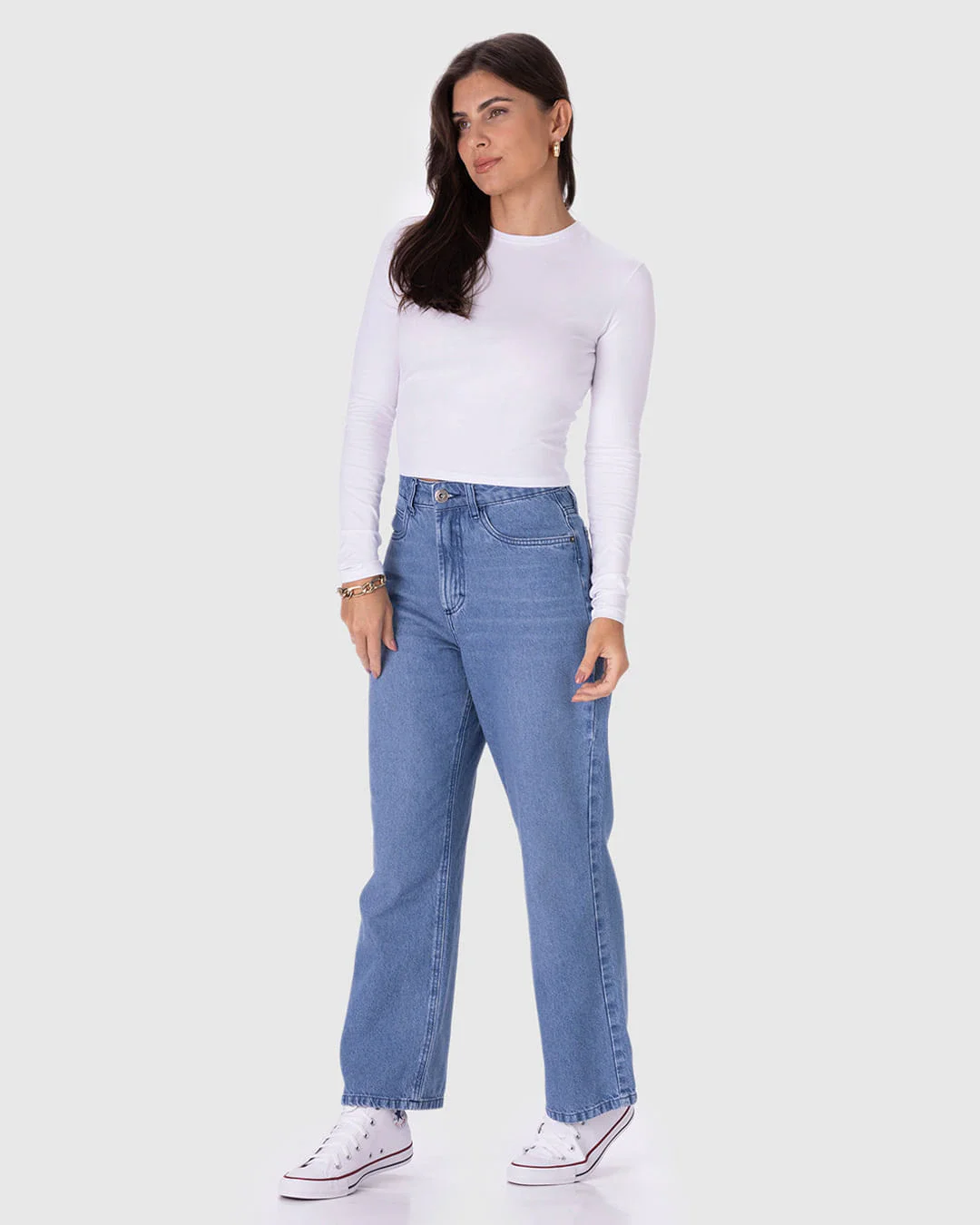Blusa Cropped Feminina Decote Redondo Manga Longa Em Algodão