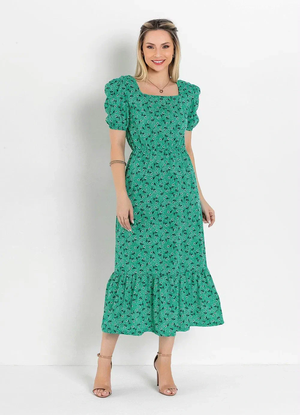 Rosalie - Vestido Floral Verde com Babado
