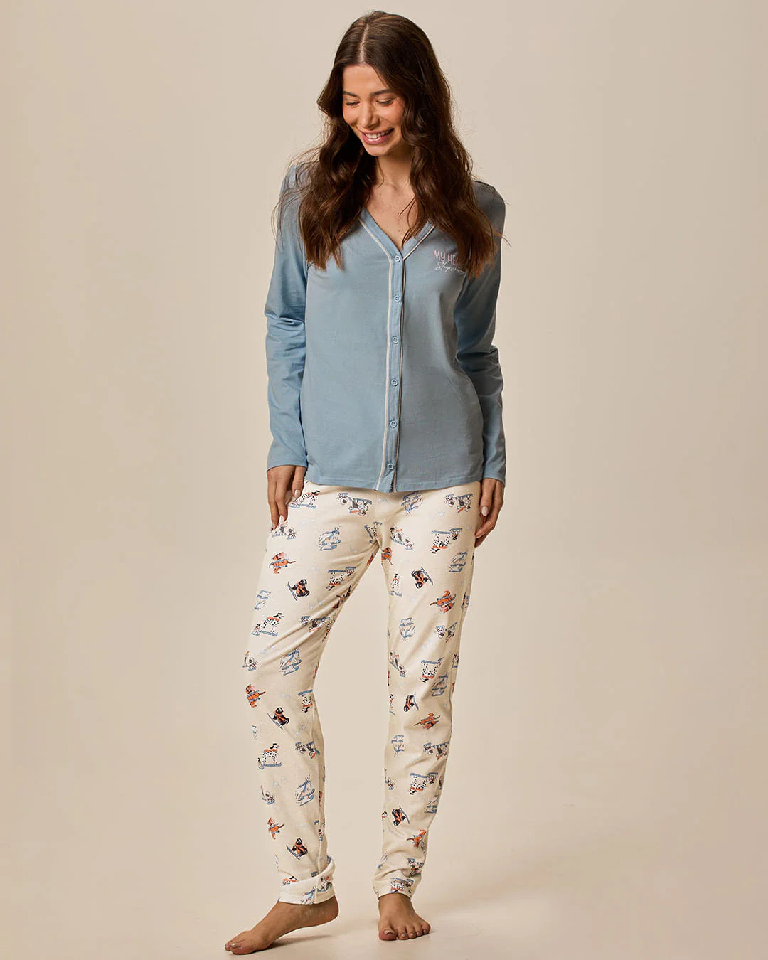 Pijama Longo Feminino Camiseta Abotoamento Frontal Em Malha 100% Algodão