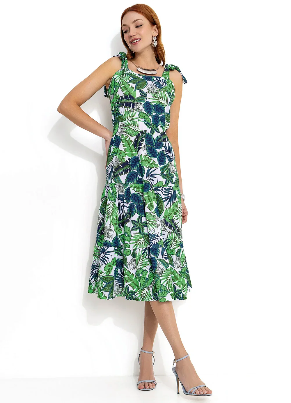 Moda Pop - Vestido Folhas Verde com Alças para Amarrar