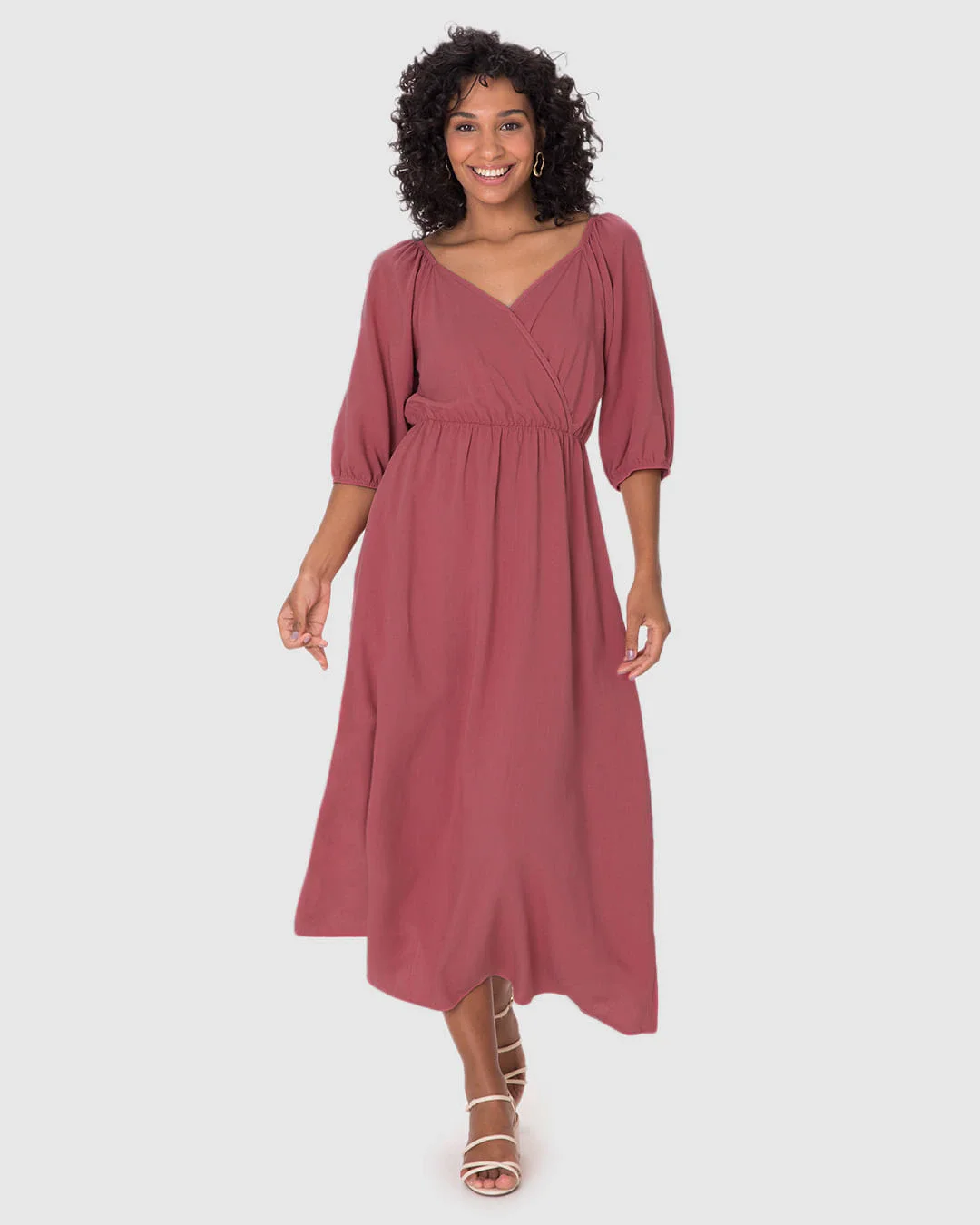 Vestido Midi Feminino Decote V Manga 3/4 Em Viscolinho Texturizado