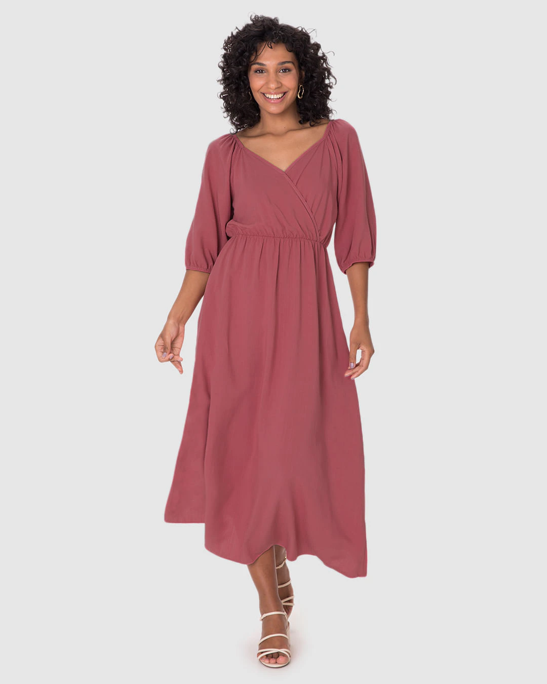 Vestido Midi Feminino Decote V Manga 3/4 Em Viscolinho Texturizado