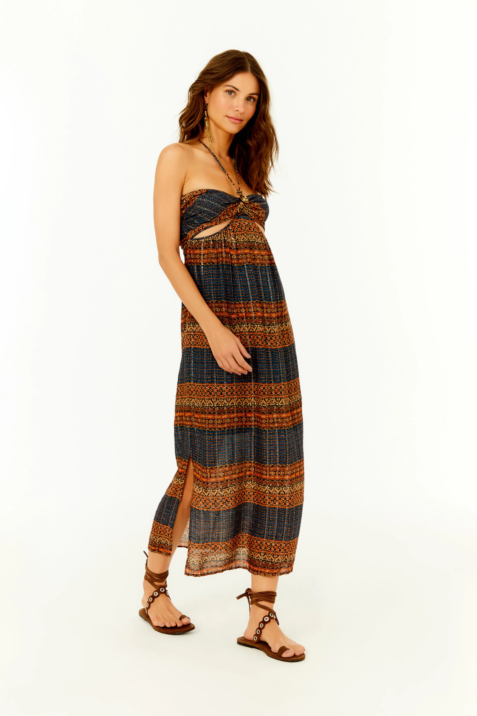 Vestido Midi Decote Metais Estampa Zay