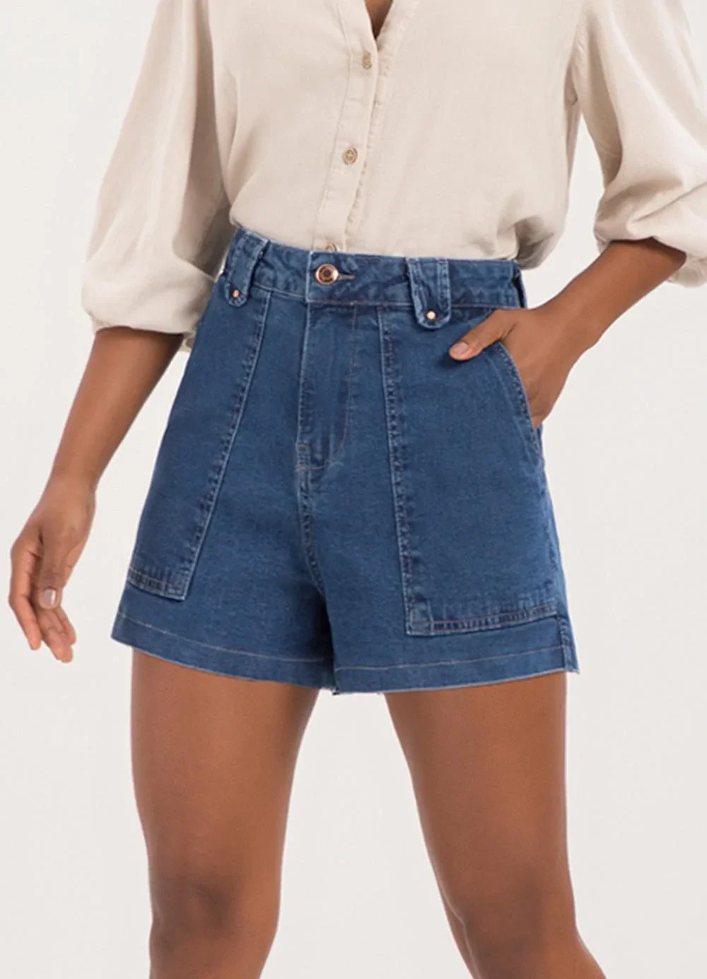 Lunender - Shorts Jeans Mom com e Bolsos Chapa Barriga Azul
