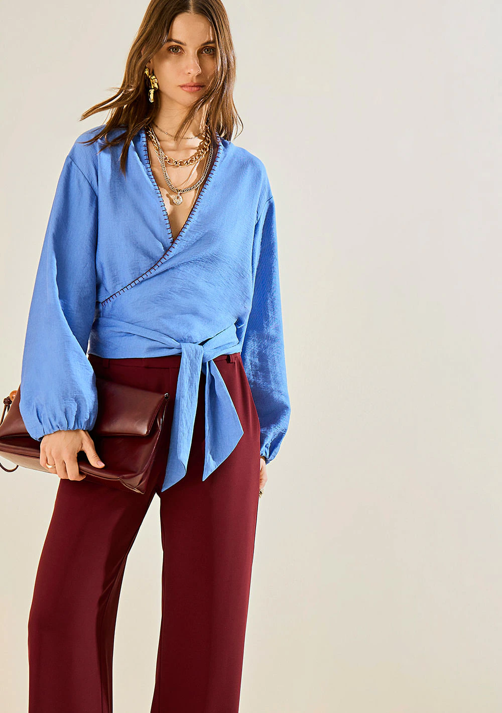 Blusa Morena Rosa Solta Decote V Manga Longa Alongada Azul