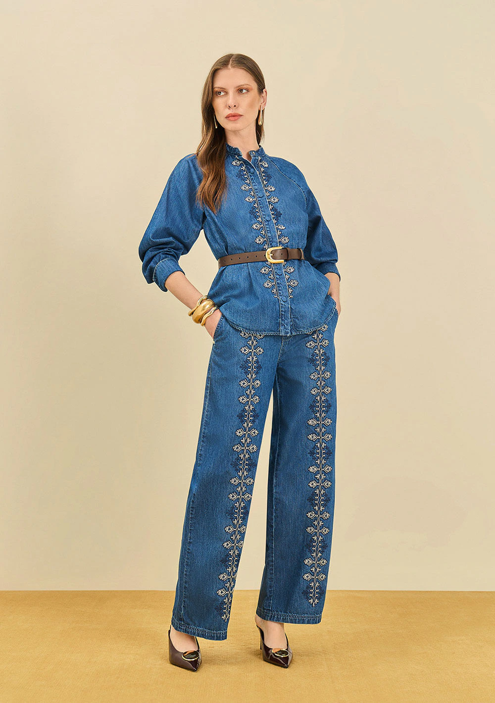 Camisa Maria.Valentina Ajustada Gola Padre Manga Longa Padrão Azul