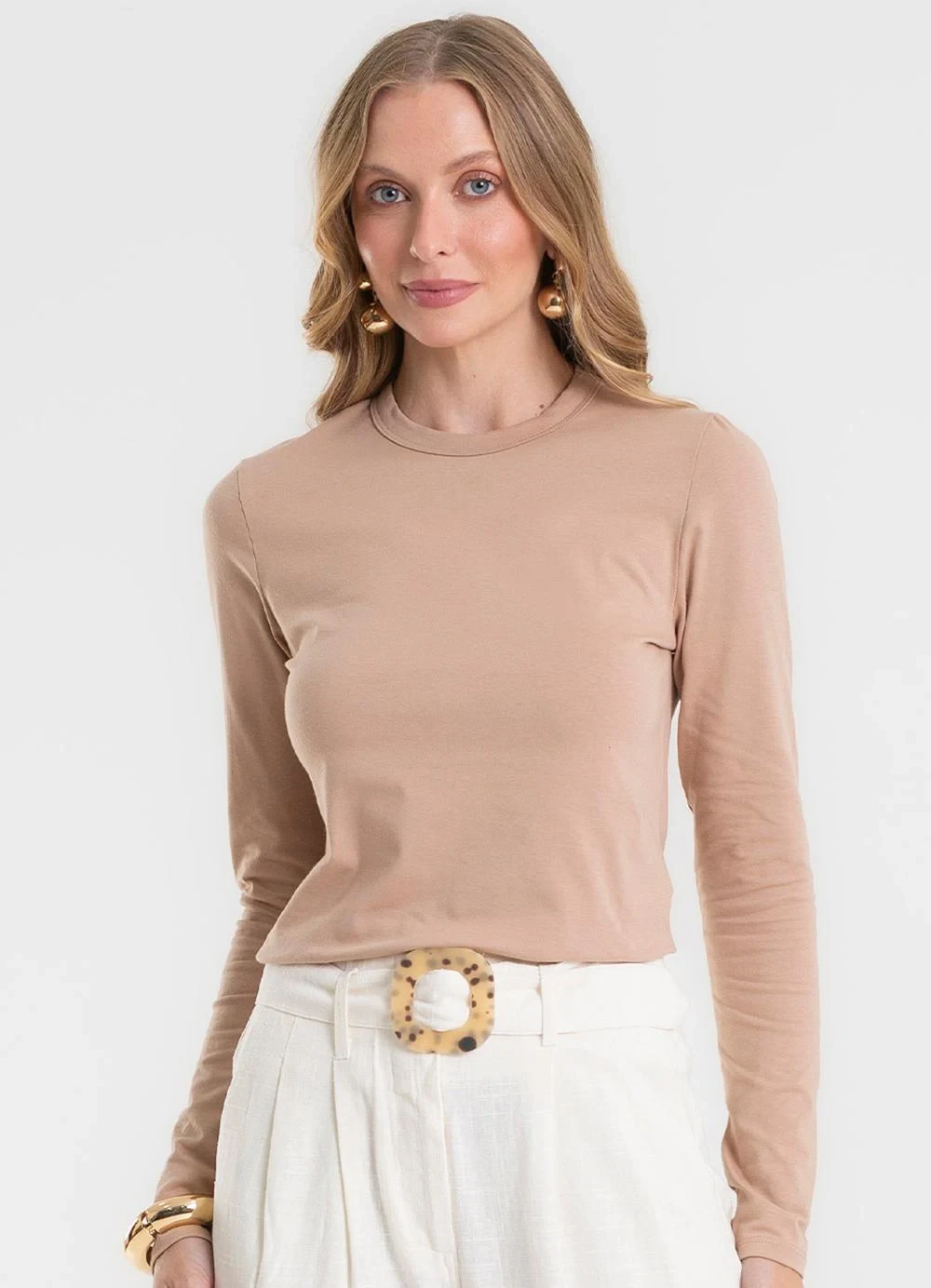 Rovitex - Blusa Manga Longa Cotton Básica Bege