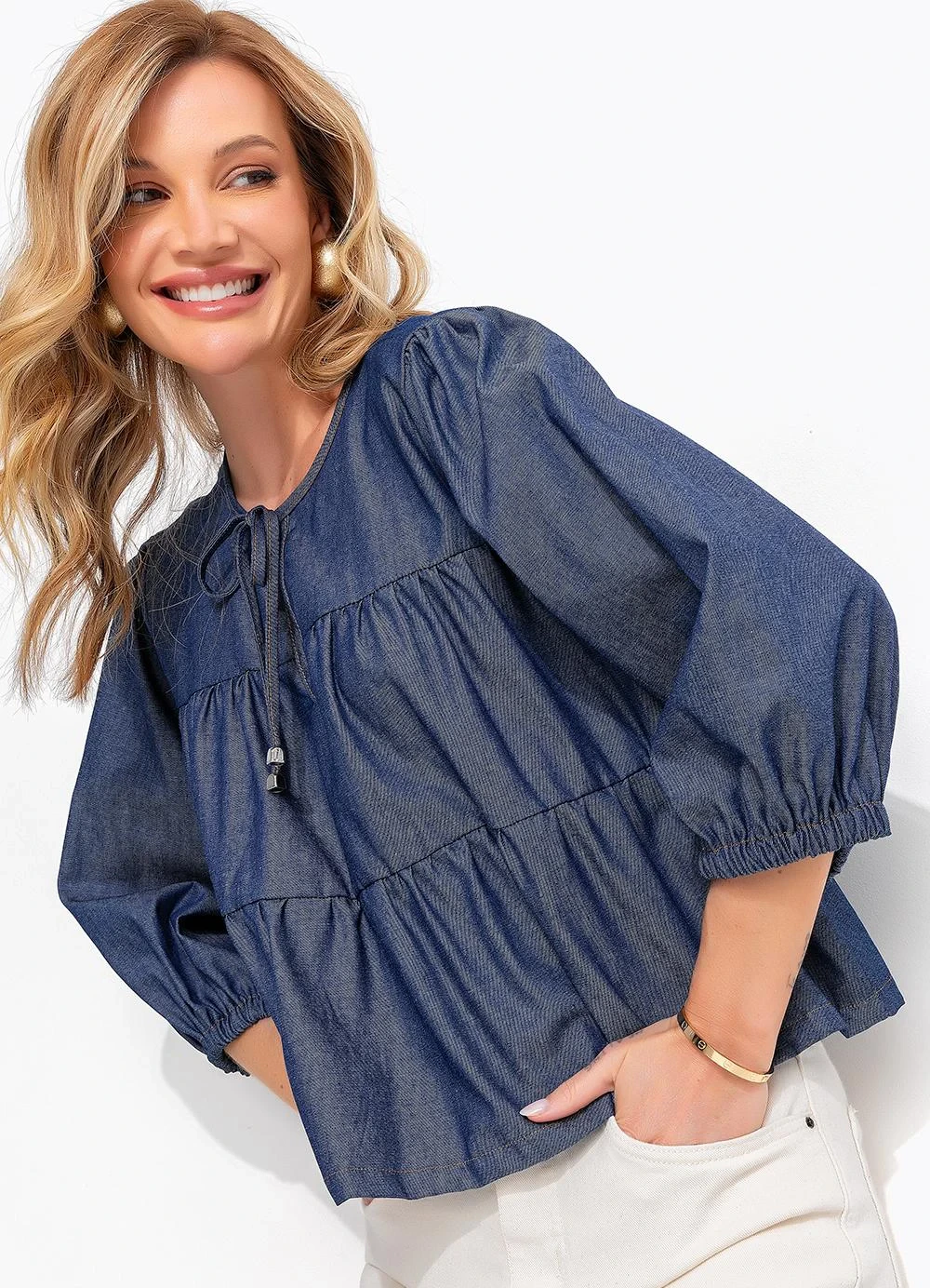 Quintess - Blusa Azul Escuro em Tecido Sarjado