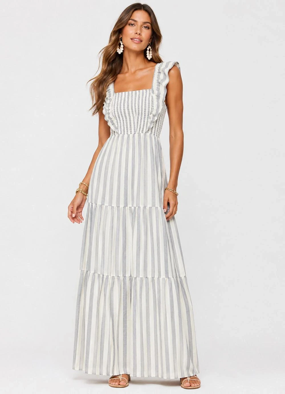 Rovitex - Vestido Midi Feminino Listrado com Lastex Cinza