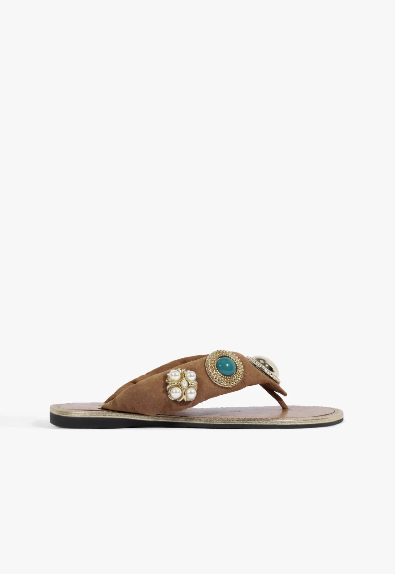 Sandália Rasteira Thong Pedraria Suede Bege