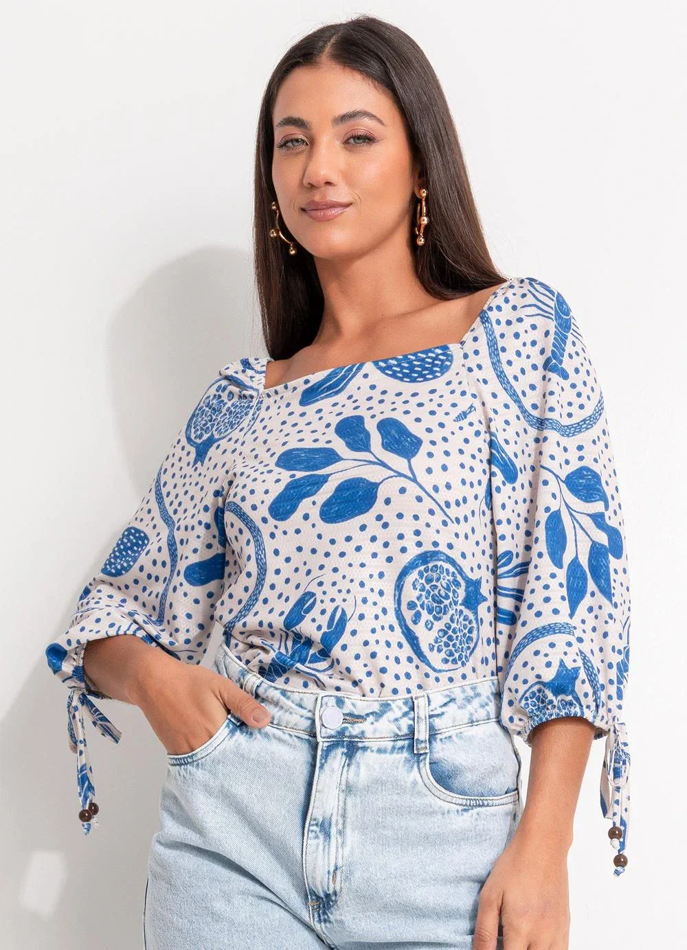 Quintess - Blusa Pontilhado Azul em Malha Texturizada