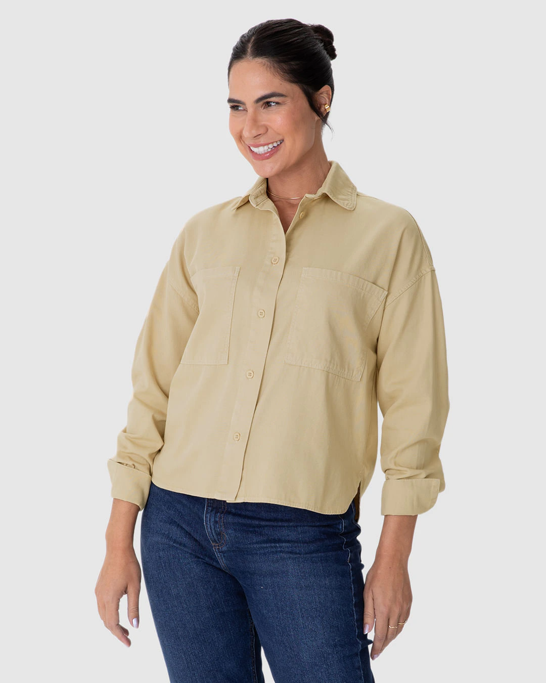 Camisa Feminina Oversized Cropped Em Sarja 100% Algodão