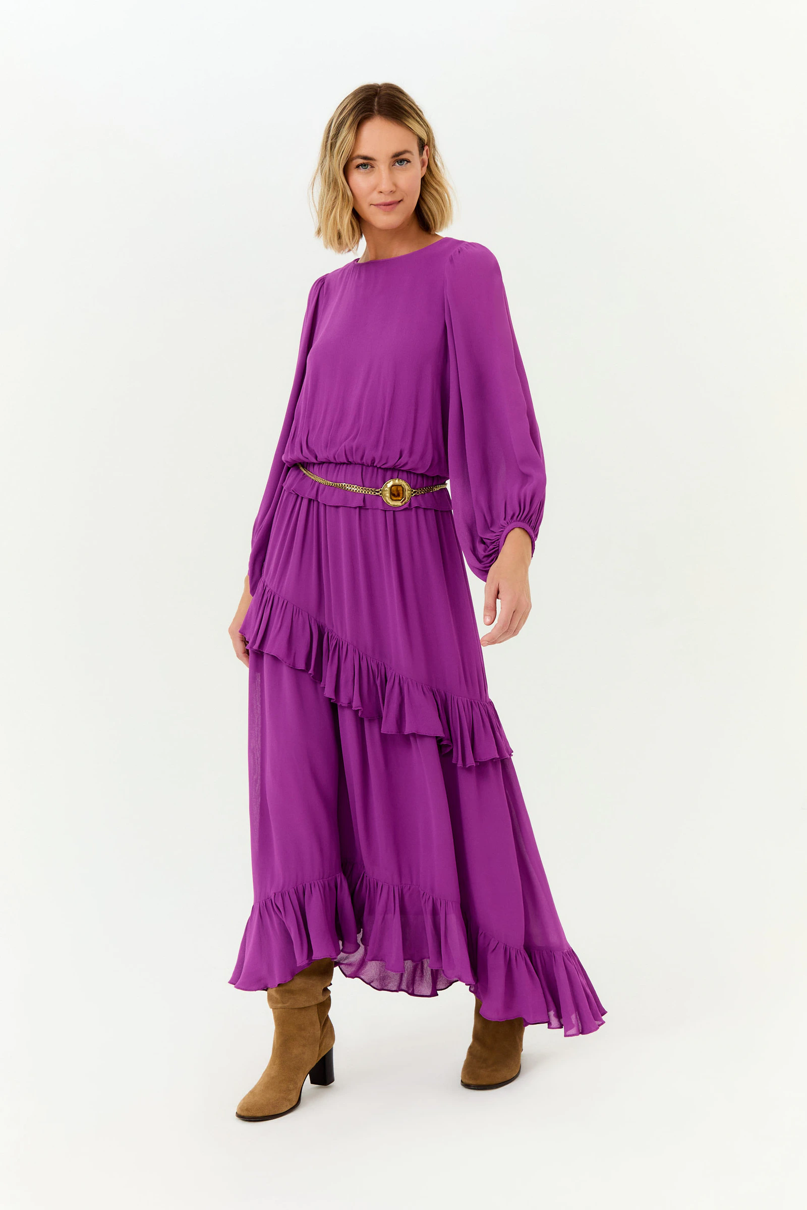 Vestido Midi Ggt Babados Assimetrico