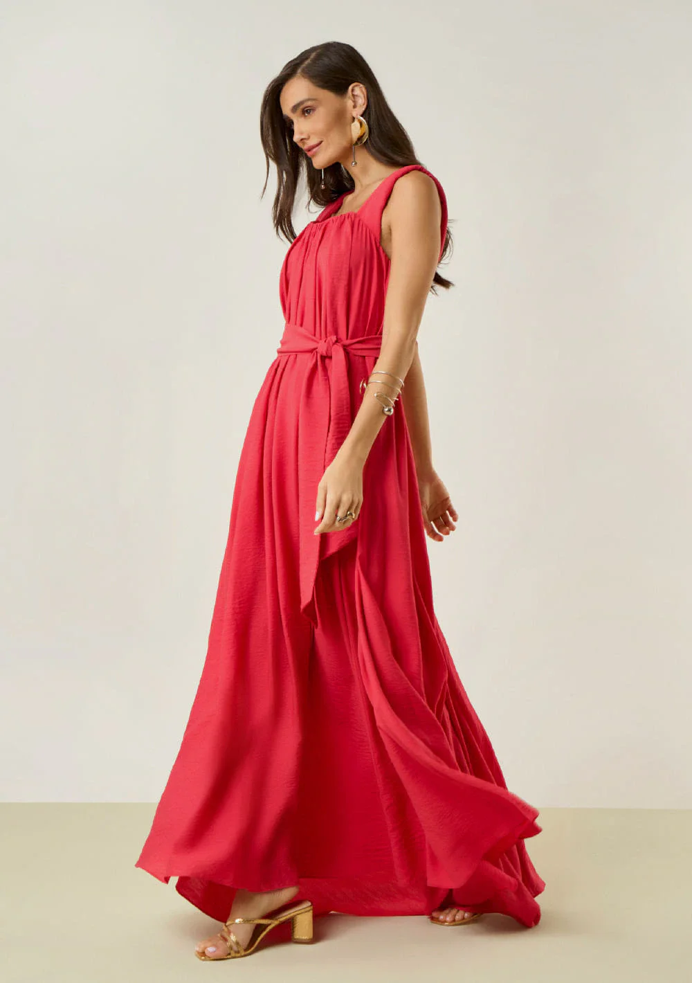 Vestido Maria.Valentina Solto Decote Reto Com Alça Longo Vermelho