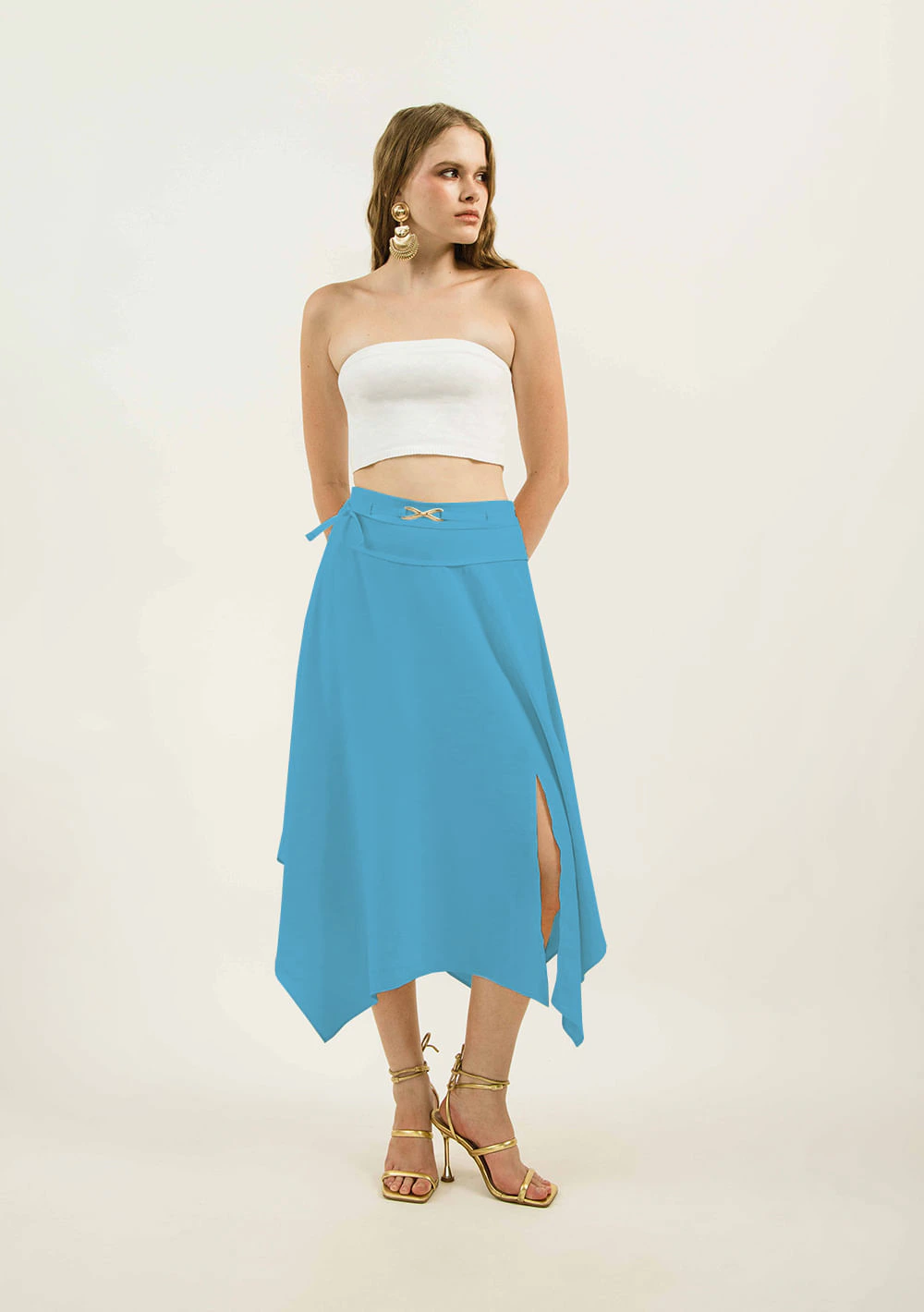 Saia Zinco Midi Fluida Com Fenda Azul