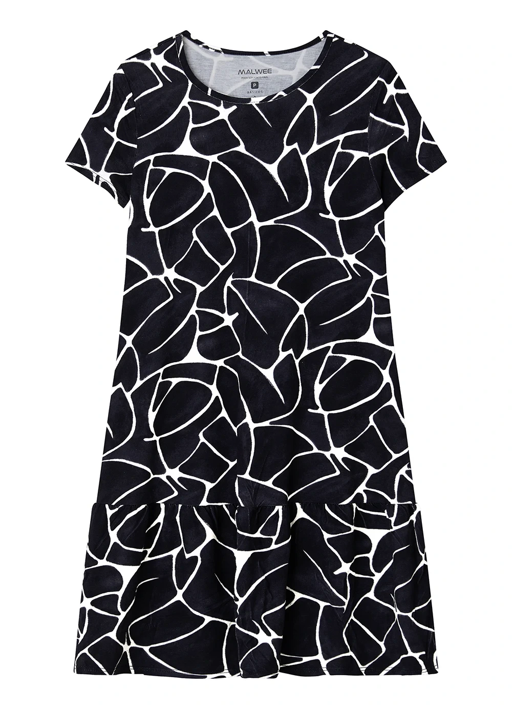 Malwee - Vestido Curto Evasê Marmorizado Preto