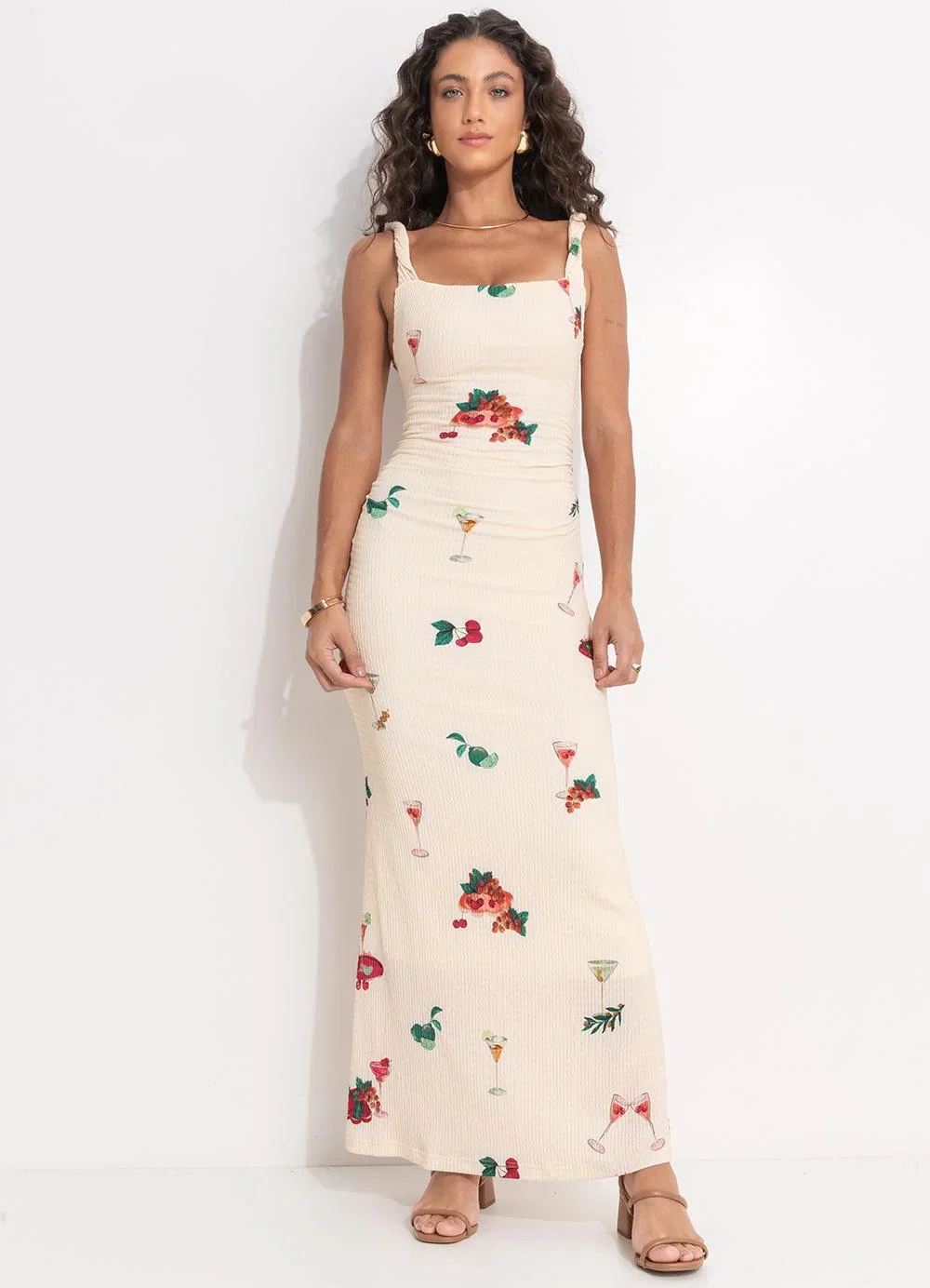 Farm - Vestido Alça Torcida Coquetel Tropical Bege