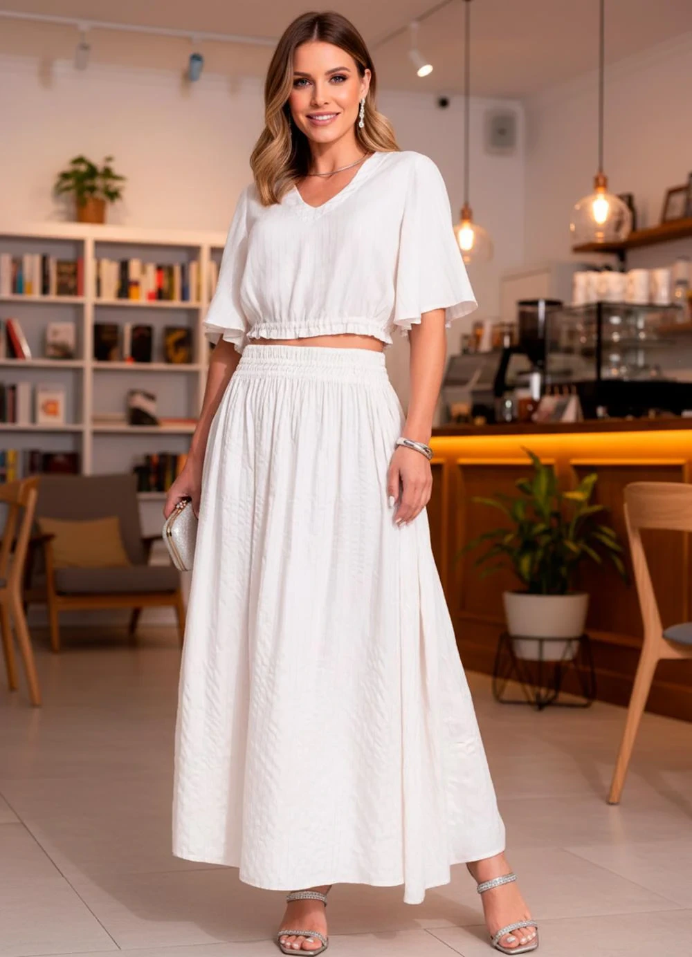 Quintess - Blusa Off White em Viscose Plana com Lurex