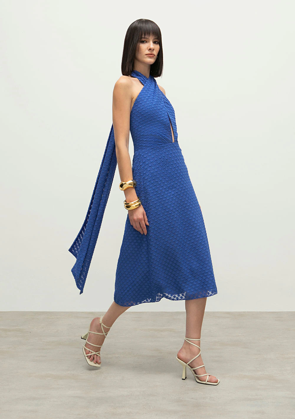 Vestido Iódice Midi Frente Única Amarração Costas Azul