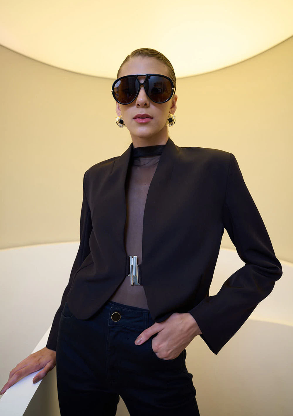 Blazer Aberto Cropped Profilo Preto