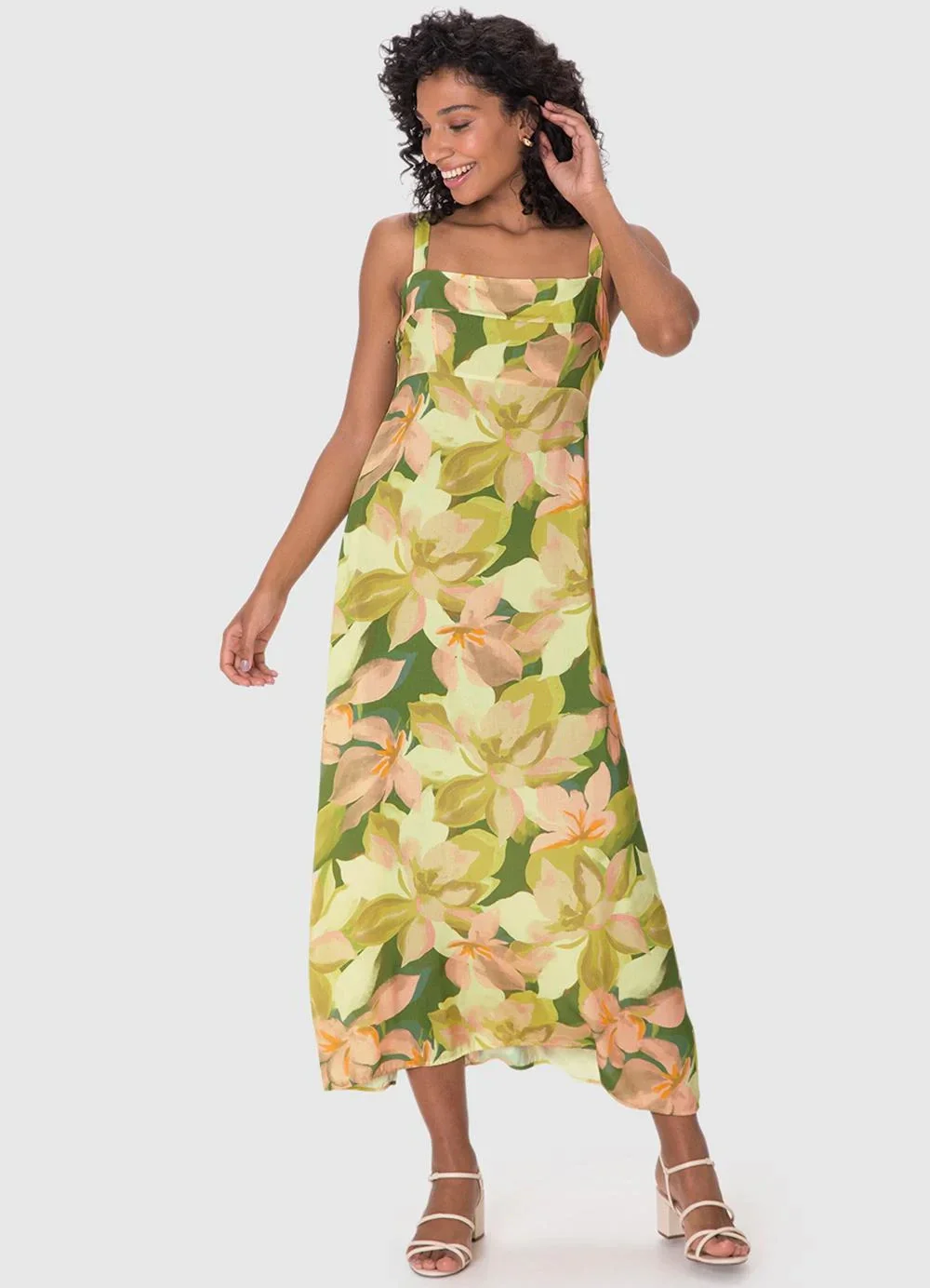 Malwee - Vestido Mídi Floral em Viscose Verde Limão