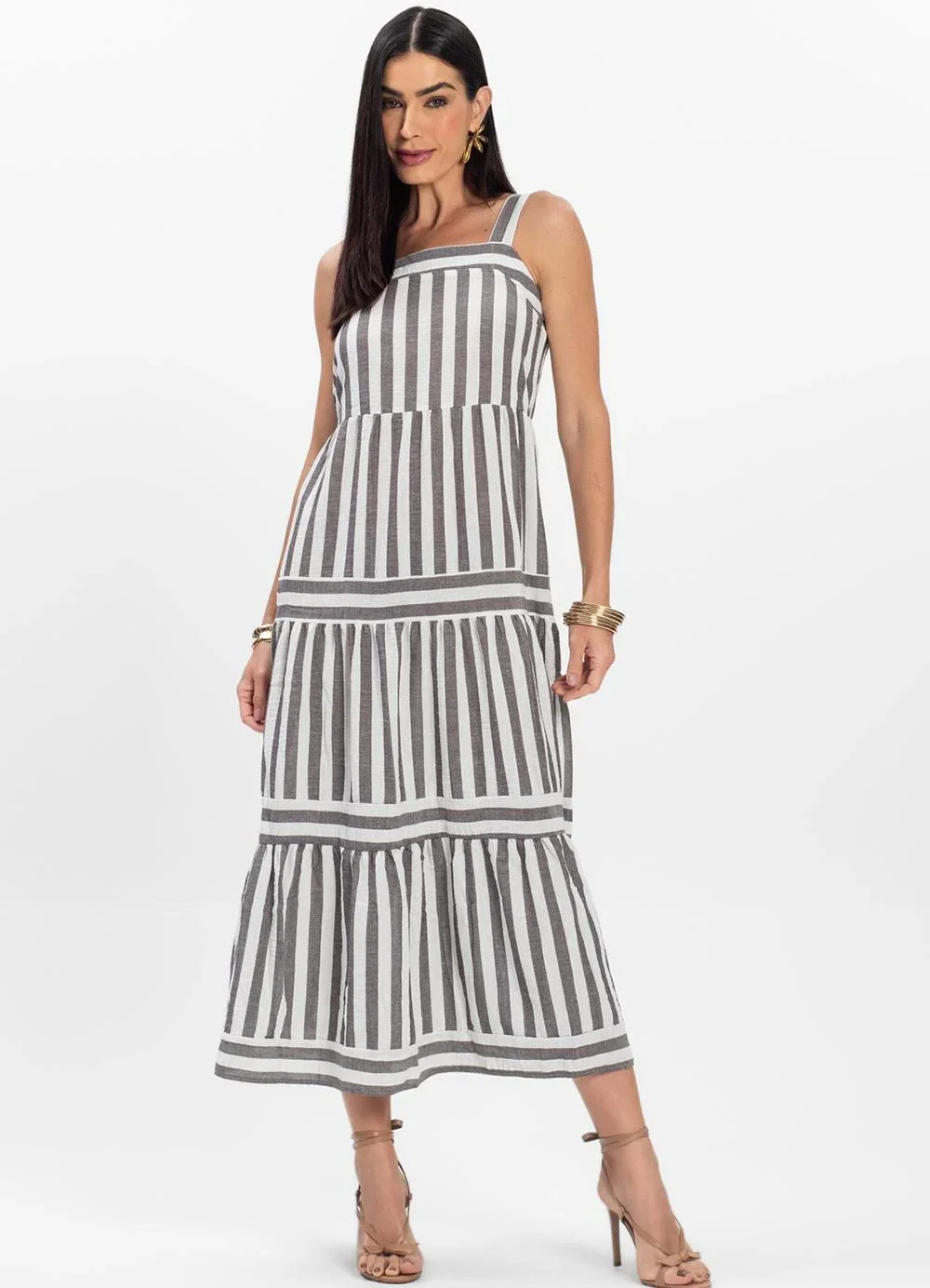 Rovitex - Vestido Midi Feminino Listrado de Alça Preto