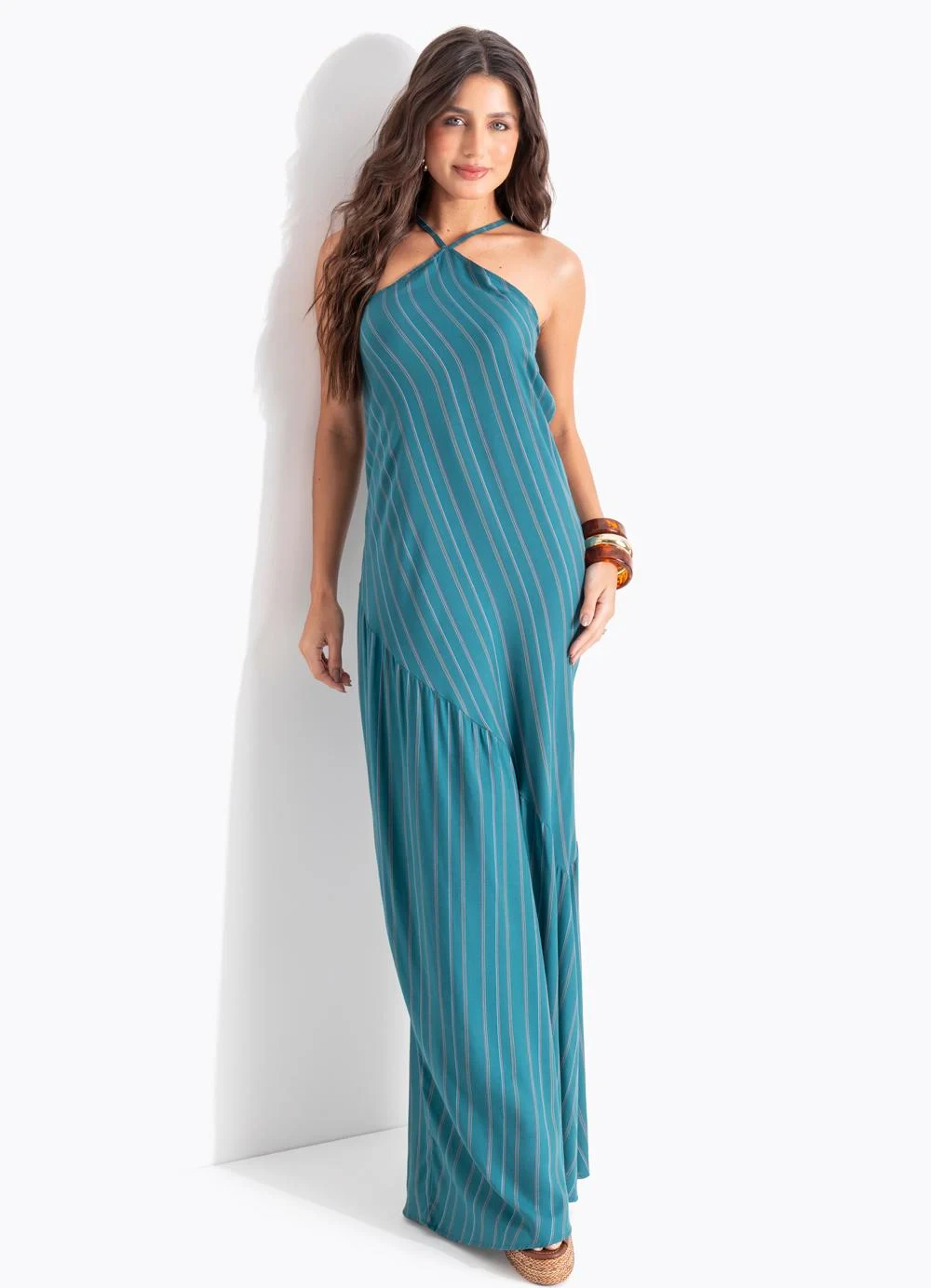 Quintess - Vestido Listrado Verde em Viscose Plana