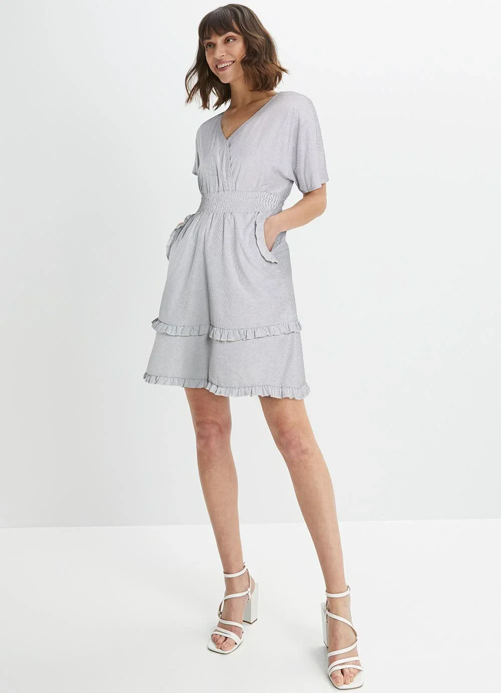 bonprix - Vestido Listrado Cinza em Tricoline