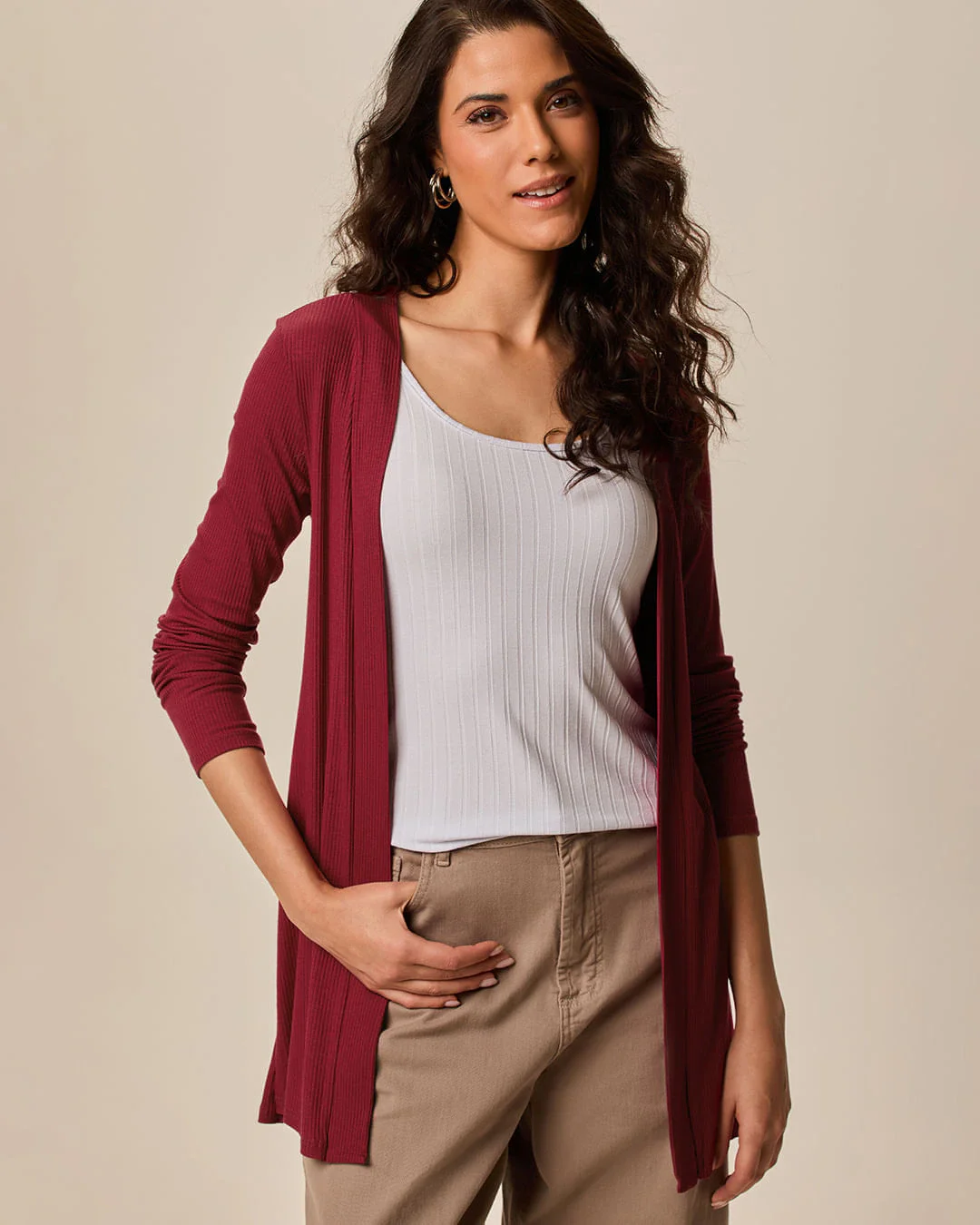 Cardigan Feminino Manga Longa Em Malha Canelada De Viscose
