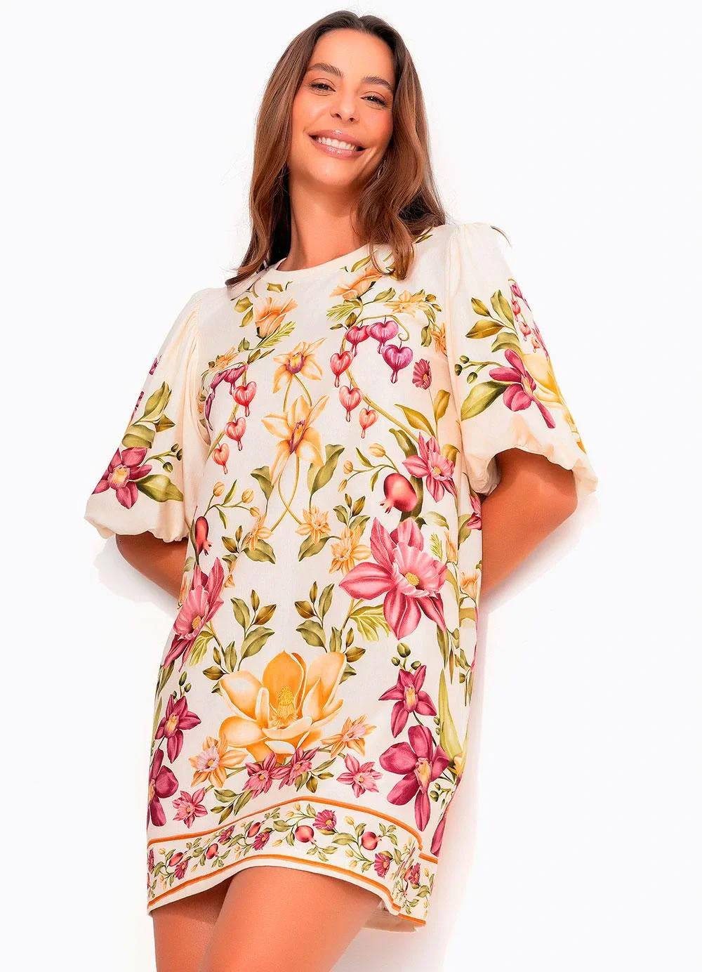 Farm - Vestido T-Shirt Manga Bufante Flor de Roma Bege