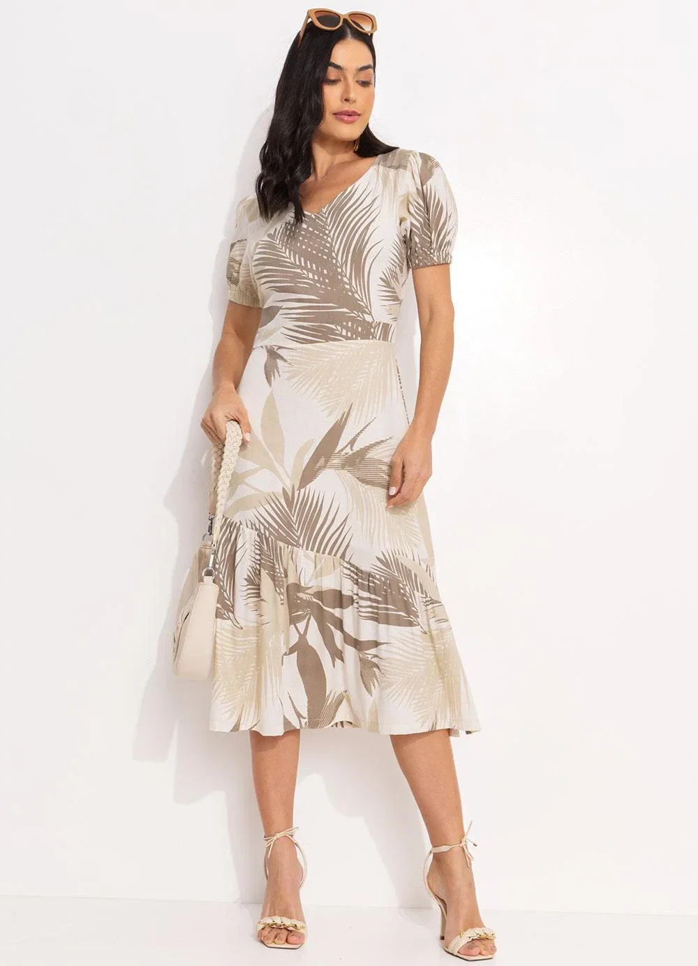 Quintess - Vestido Folhagem Bege em Linho