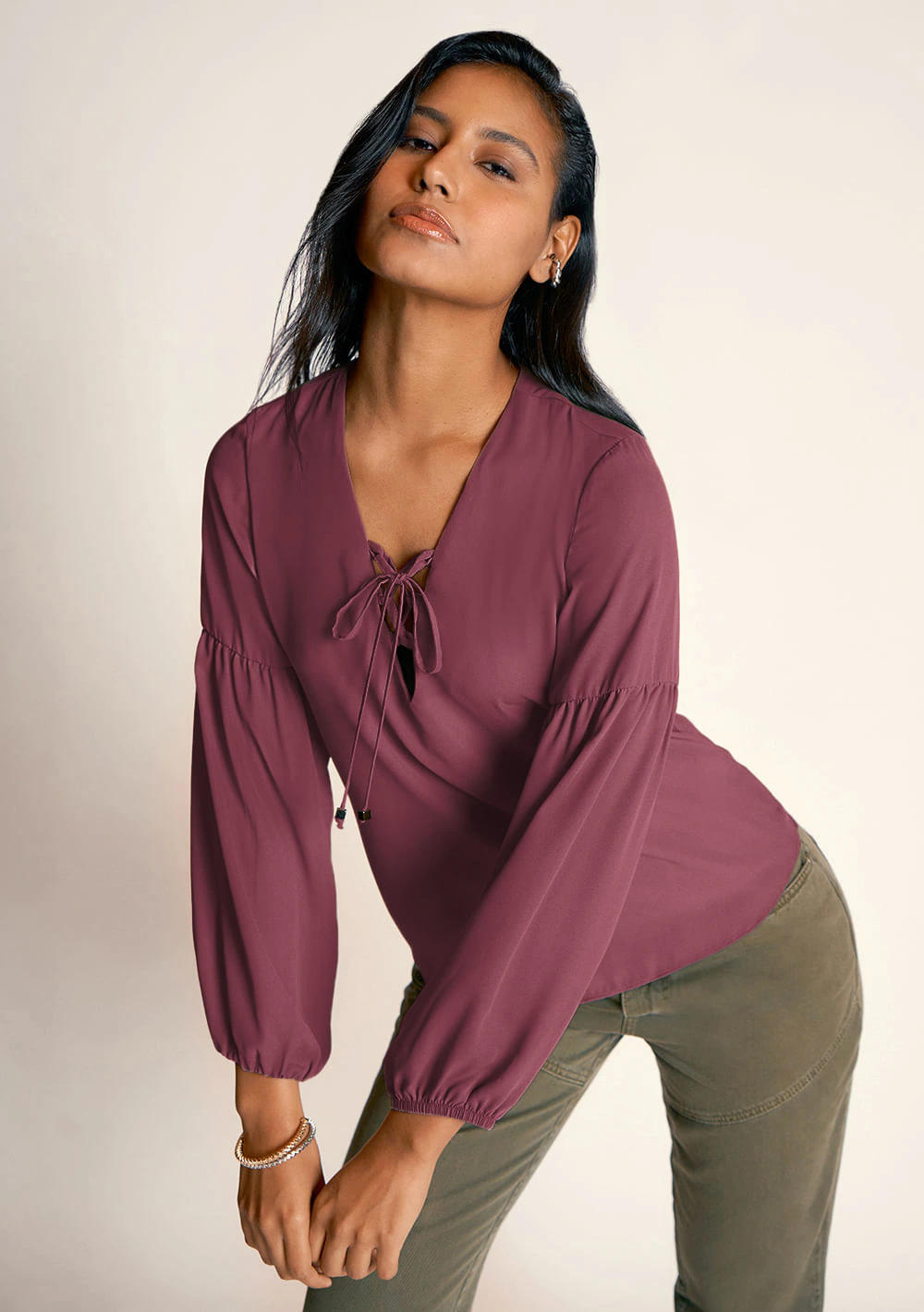 Blusa Zinco Decote V Manga Longa Com Amarração Rose