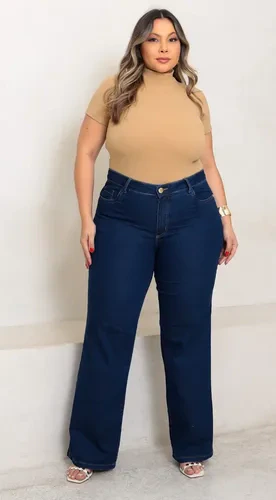 Calça Wide Leg Pantalona Jeans Lycra Plus Size Cintura Alta