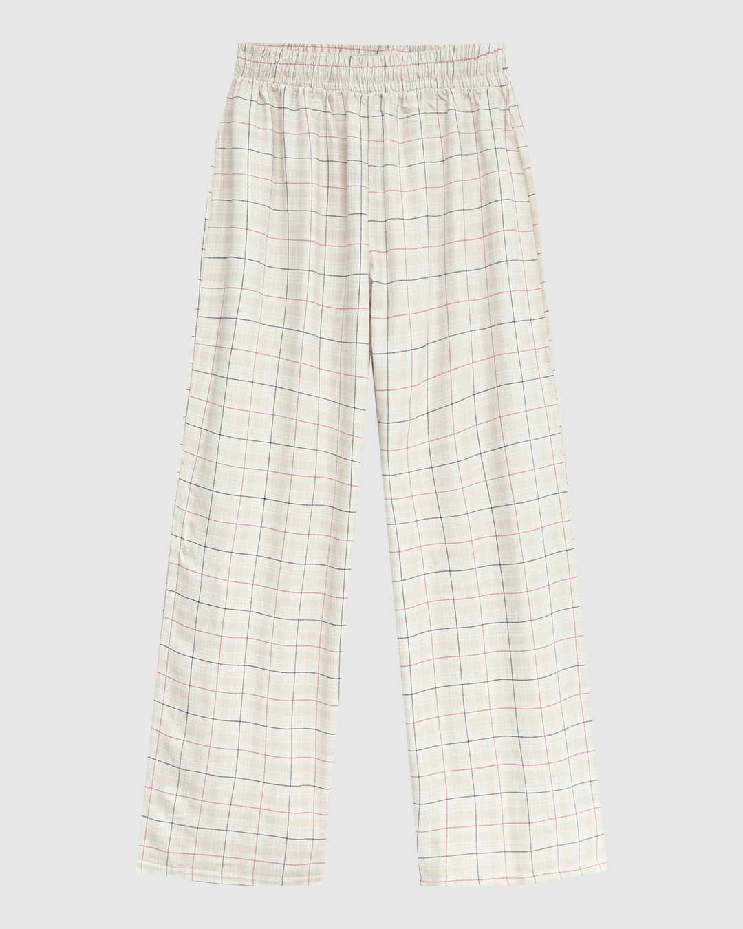 Calça Wide Leg Feminina Cós Elástico Em Tricoline Quadriculado