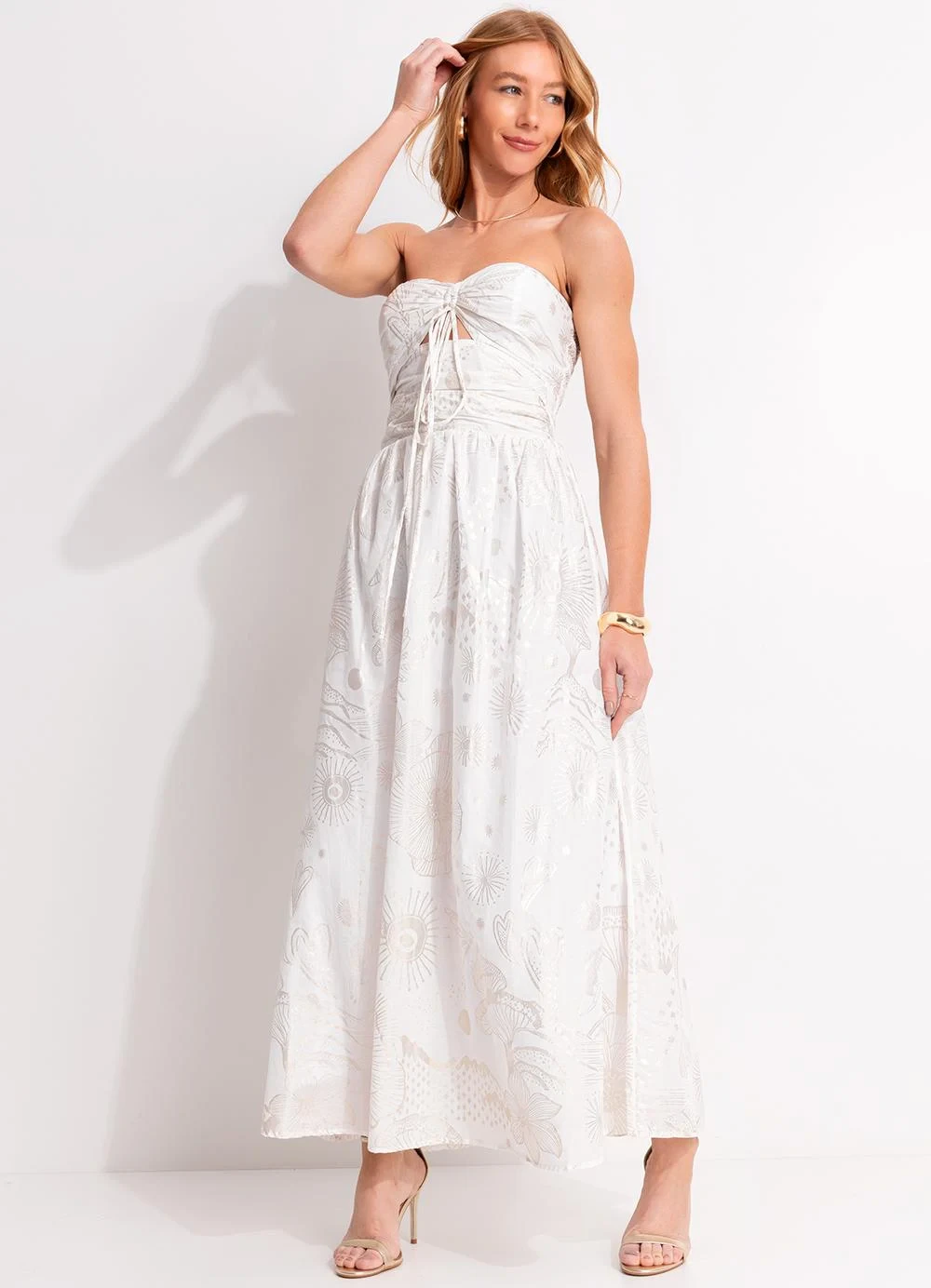 Farm - Vestido Jardim Místico Foil Bege