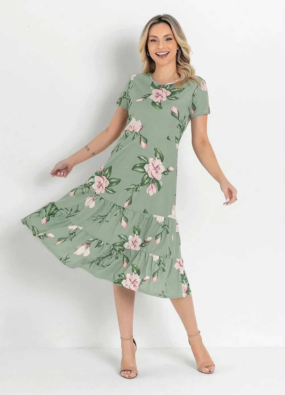 Rosalie - Vestido Floral Verde com Babado