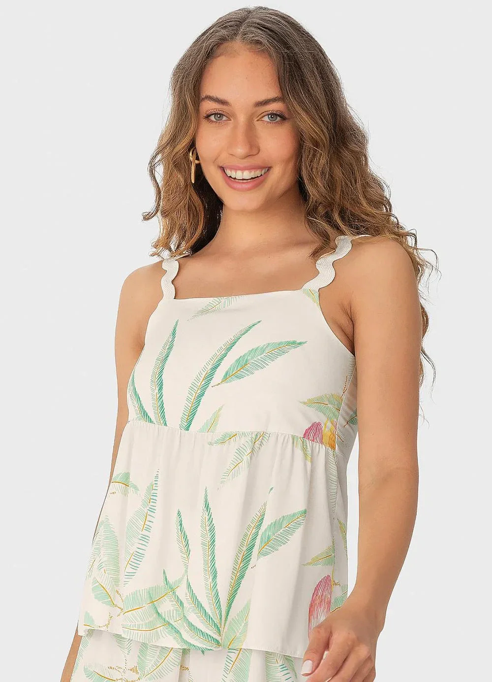 Malwee - Blusa Off White Evasê Tropical com Lastex