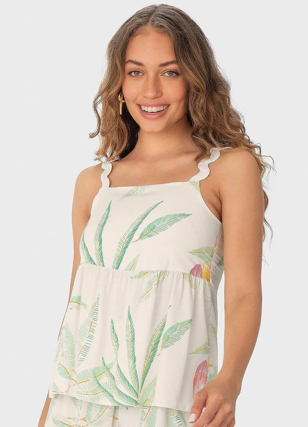Malwee - Blusa Off White Evasê Tropical com Lastex