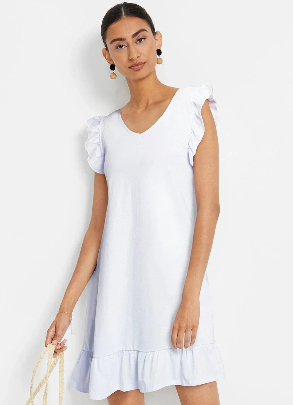 bonprix - Vestido Branco em Malha de Algodão Penteado