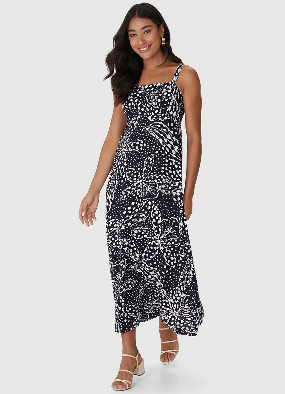 Malwee - Vestido Mídi Floral em Viscose Preto