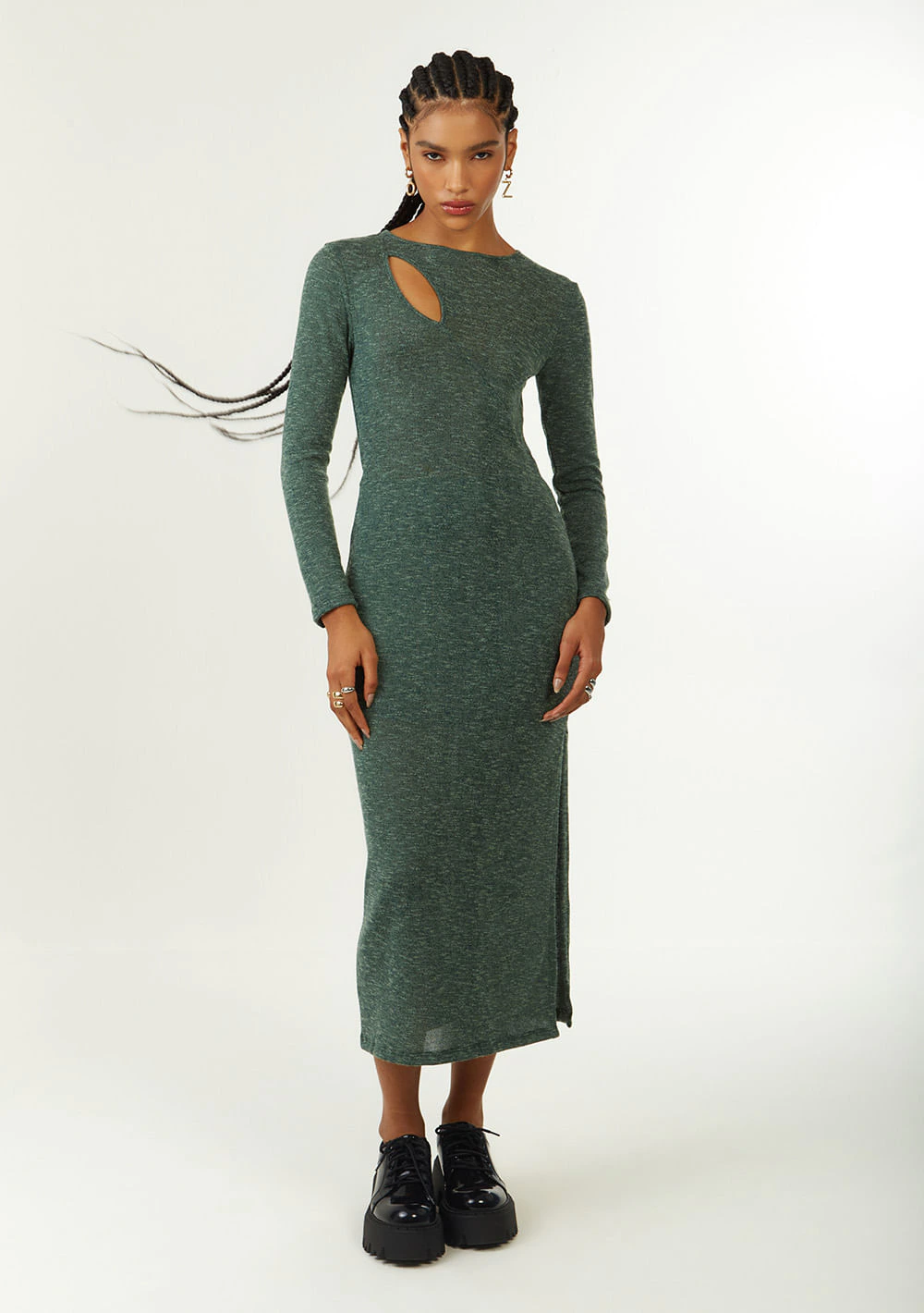 Vestido Zinco Ajustado Decote Careca Manga Longa Midi Verde