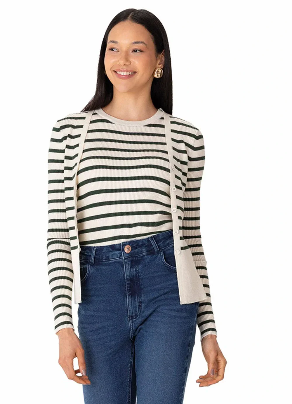 Malwee - Cardigan em Tricô Listrado Verde