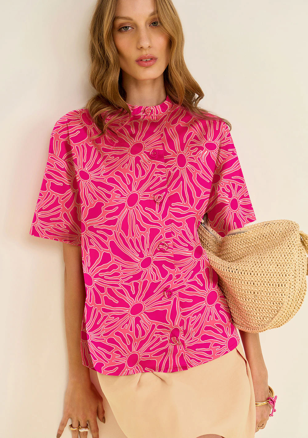 Camisa Zinco Ajustada Decote Careca Manga Curta Padrão Rosa