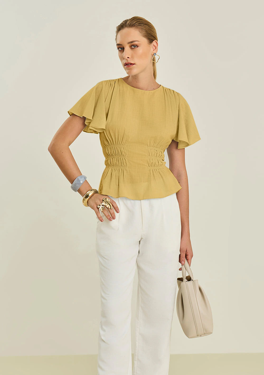 Blusa Maria.Valentina Ajustada Decote Careca Manga Curta Padrão Bege