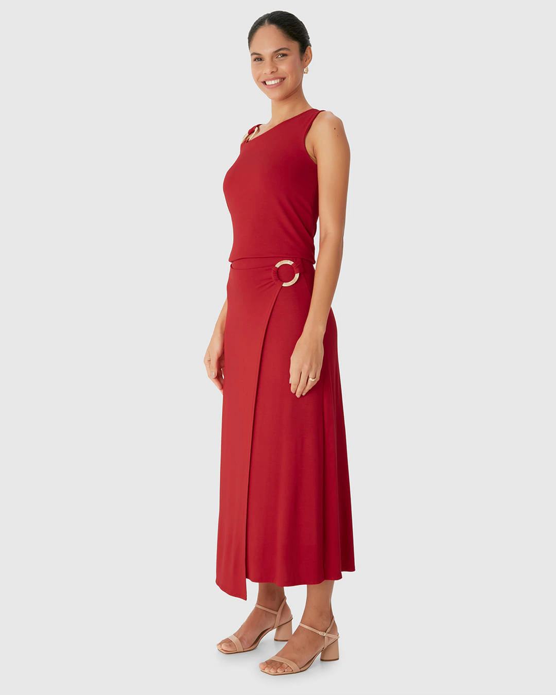 Saia Midi Feminina Evasê Detalhe Com Argola Em Malha Viscose Stretch