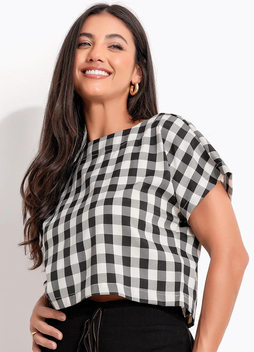 Quintess - Blusa Vichy Preto em Tecido Plano de Poliéster